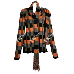 Womens Orange Top Geometric Orange and Black Long Sleeve Top with Scarf - NEW!